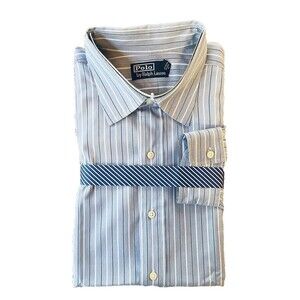 Polo Ralph Lauren Men Dress Shirt 17½  34/35 Blue Stripe Long Sleeve Botton-up